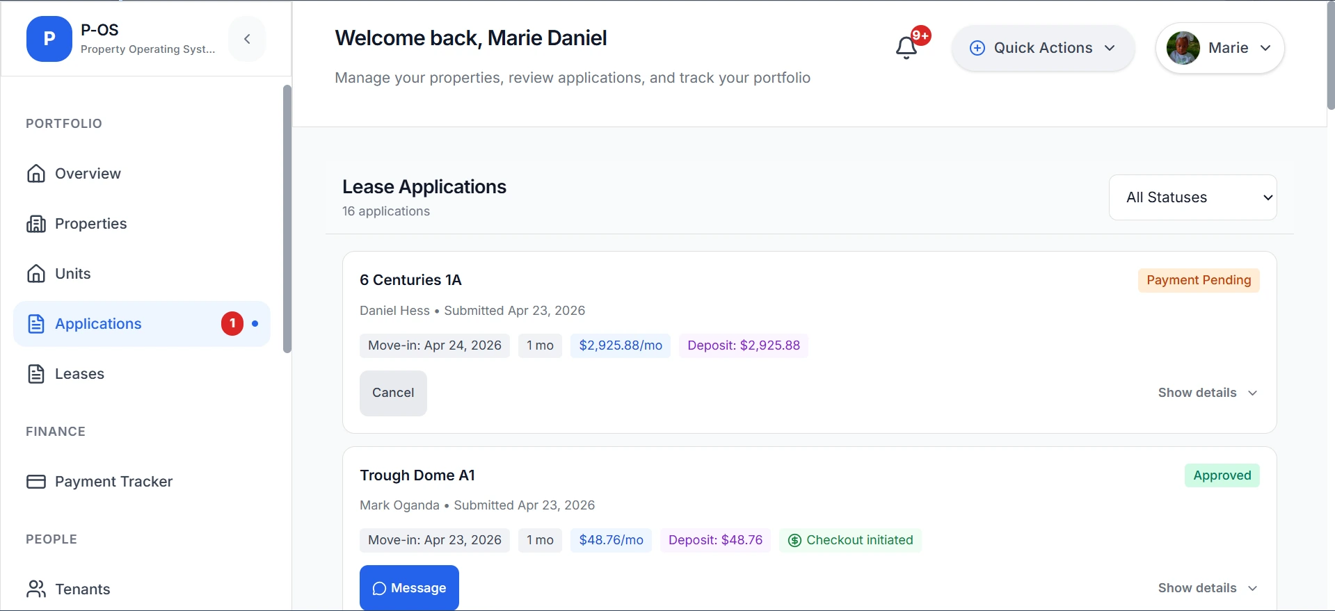 P-OS applications screenshot showing lease applications, approval states, and applicant details.
