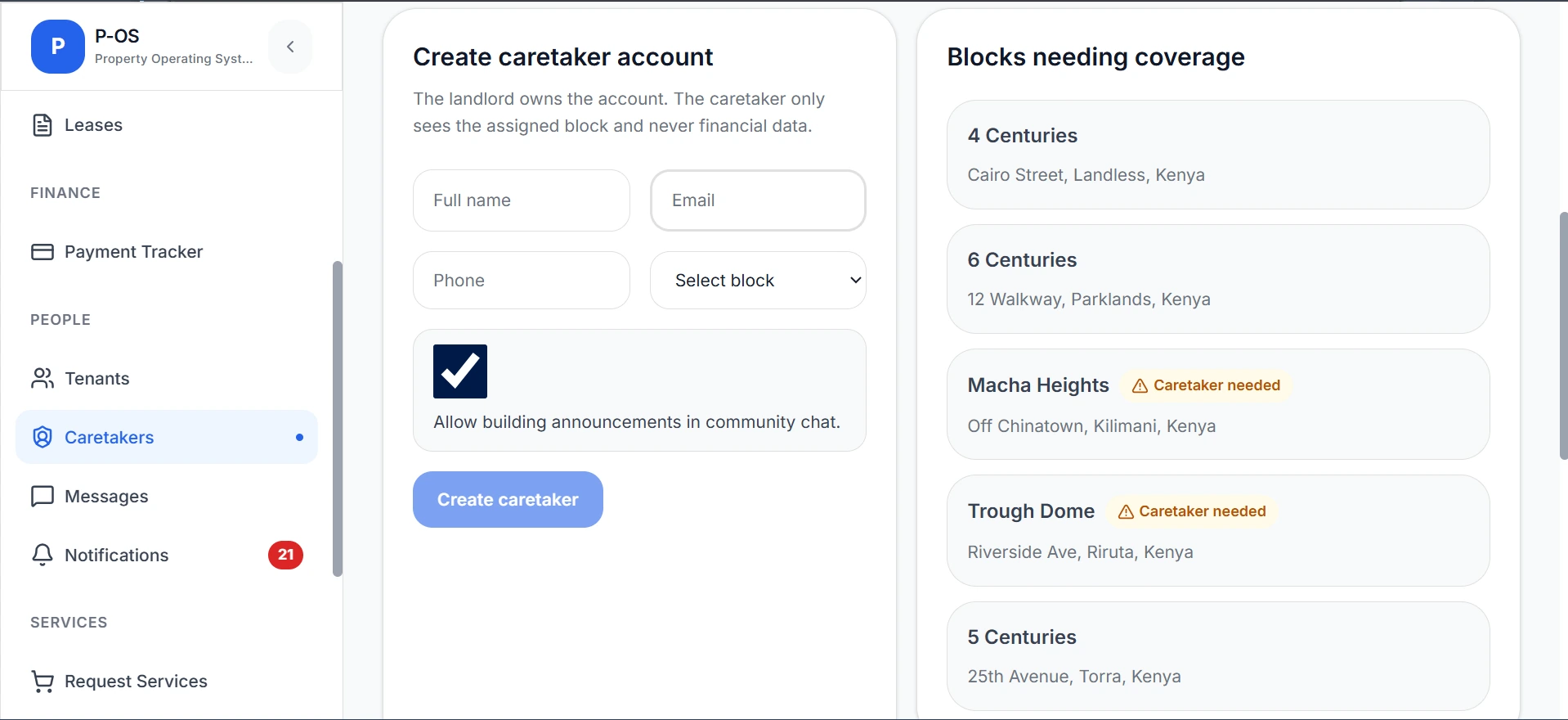 P-OS caretakers screenshot showing caretaker account creation and blocks needing coverage.