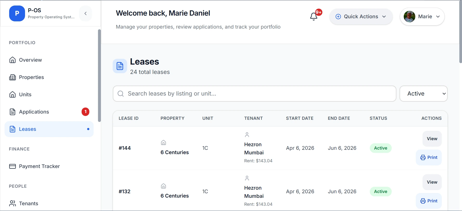 P-OS leases screenshot showing lease records, tenant details, dates, and print actions.