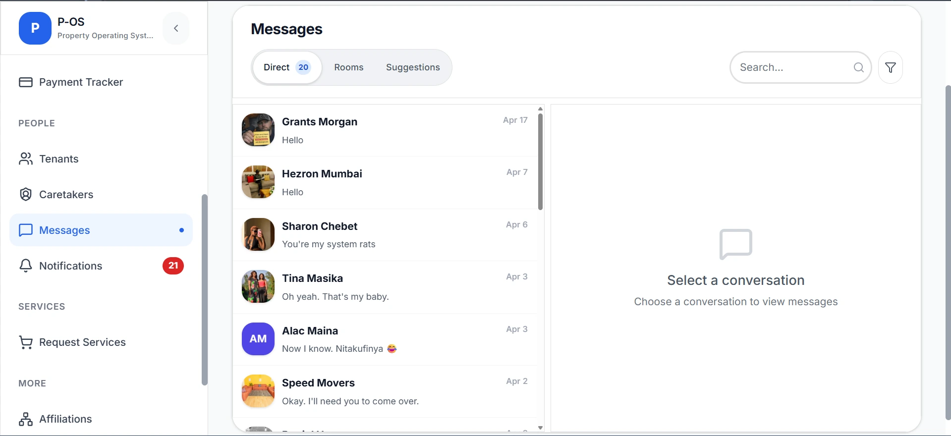 P-OS messages screenshot showing the direct messages inbox and conversation list.