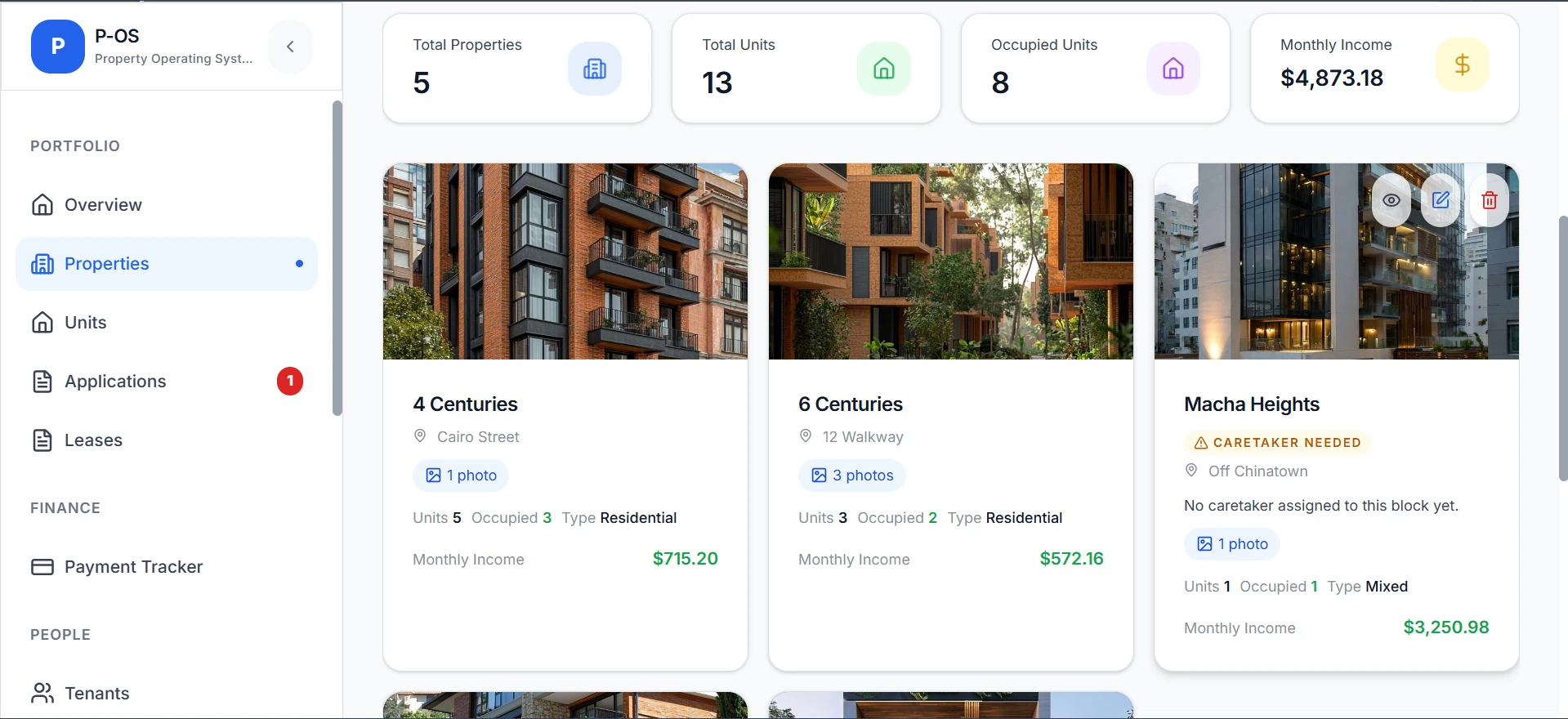 P-OS properties screenshot showing property cards, occupancy counts, and monthly income.