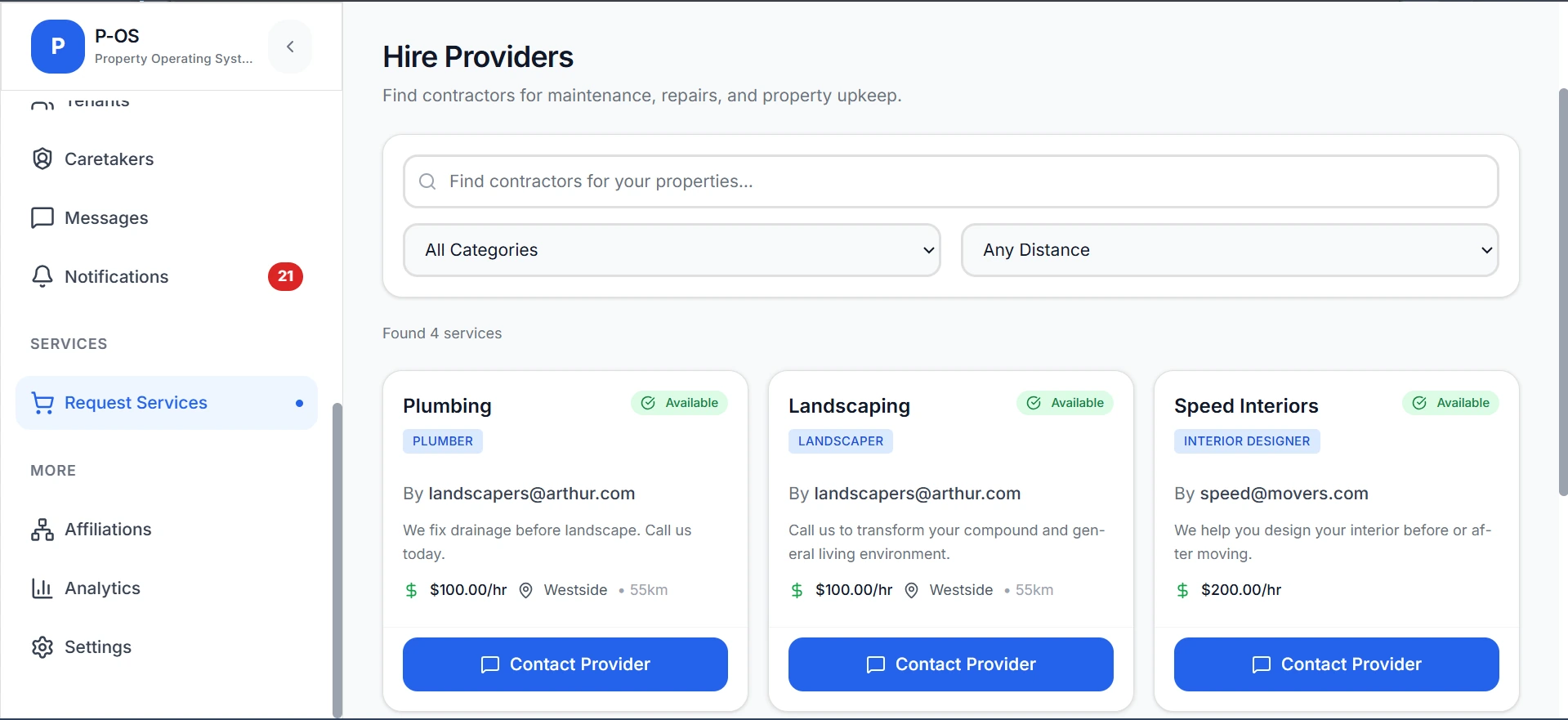 P-OS request services screenshot showing provider search, filters, and contractor cards.